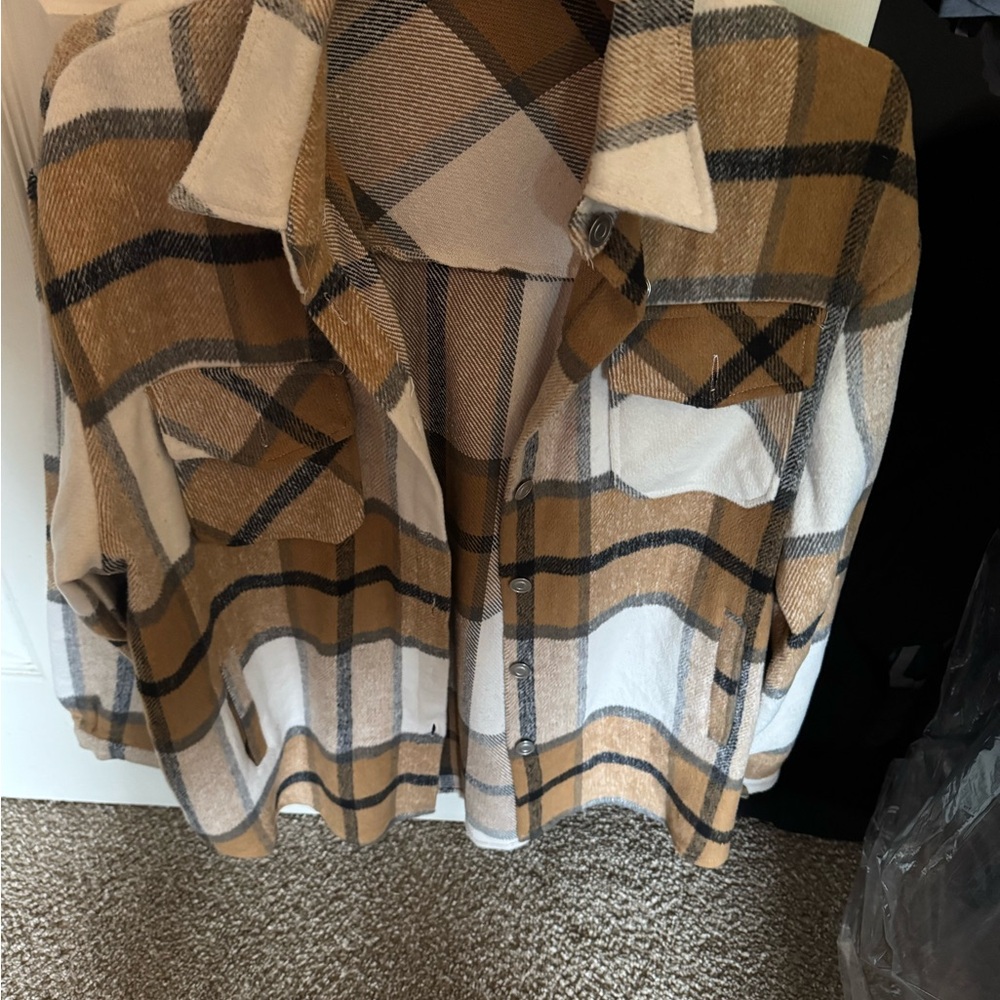 Plaid Button-Up Shirt in Tan and Cream